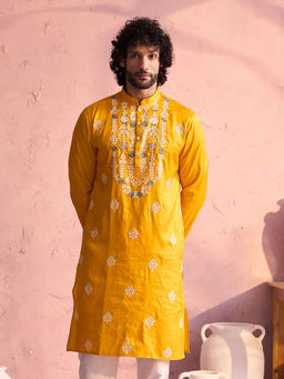 Vastramay - Mens Yellow Moonga Silk Kurta