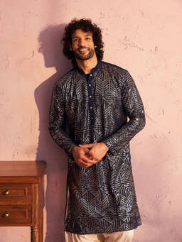 Vastramay - Mens Navy Blue Georgette Kurta