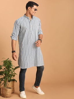 Vastramay - Mens White And Blue Cotton Kurta
