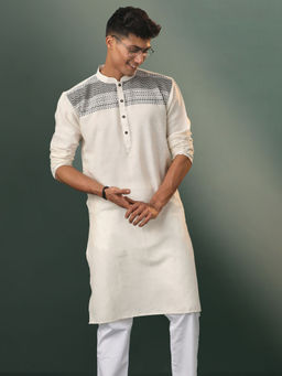 Vastramay - Mens Cream And Black Cotton Kurta