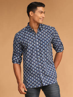 Vastramay - Men Indigo Blue Cotton Blend Ethnic Shirt