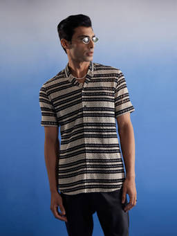 Vastramay - Mens Beige And Black Cotton Blend Ethnic Shirt