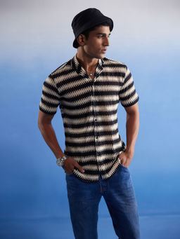 Vastramay - Mens Beige And Black Cotton Blend Ethnic Shirt