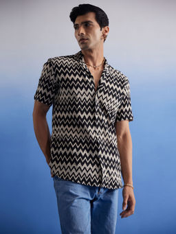 Vastramay - Mens Beige And Black Cotton Blend Ethnic Shirt