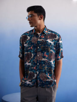 Vastramay - Mens Turquoise Cotton Blend Ethnic Shirt