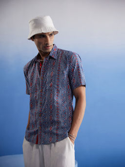 Vastramay - Mens Indigo Blue Red Cotton Shirt