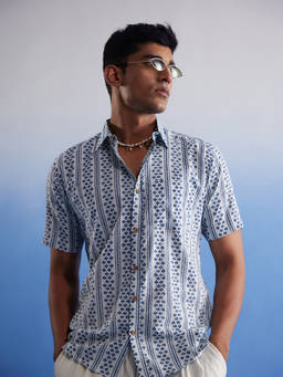 Vastramay - Mens White And Blue Cotton Shirt