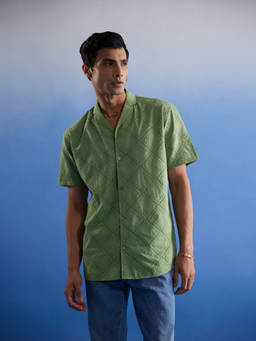 Vastramay - Mens Green Cotton Ethnic Shirt