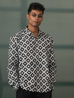 Vastramay - Mens White Base Black Cotton Ethnic Shirt