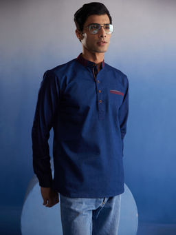 Vastramay - Mens Navy Blue Denim Short Kurta