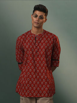 Vastramay - Mens Maroon Cotton Short Kurta