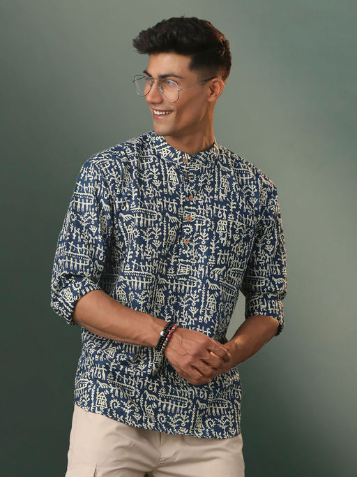 Vastramay Mens Navy Blue Cotton Short Kurta