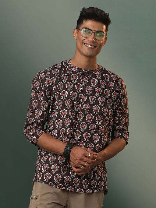 Vastramay Mens Coffee Cotton Short Kurta
