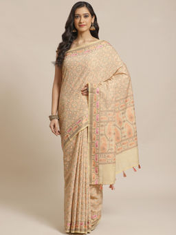 Indethnic - Banarasi Beige Woven Design Work Wear Saree With Unstitched Blouse