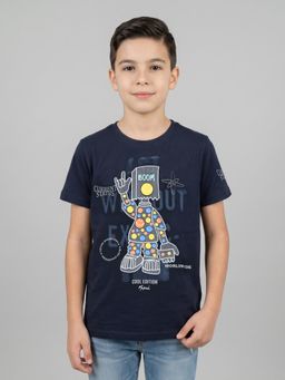 Monte Carlo - Boys Regular Fit Half Sleeve Round Neck Printed Navy Blue T-Shirt