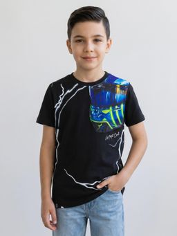 Monte Carlo - Boys Regular Fit Round Neck Half Sleeve Printed Black T-Shirt