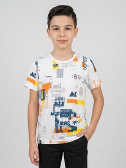 Monte Carlo - Boys Regular Fit Half Sleeve Round Neck Printed White T-Shirt