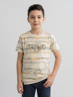 Monte Carlo - Boys Regular Fit Half Sleeve Printed Round Neck Cream T-Shirt