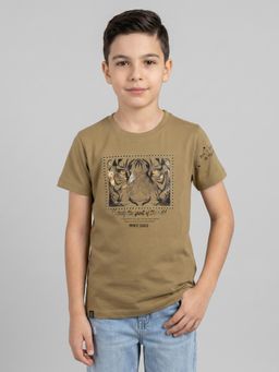Monte Carlo - Boys Regular Fit Half Sleeve Printed Round Neck Khaki T-Shirt
