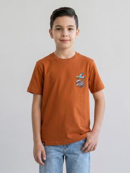 Monte Carlo - Boys Oversized Half Sleeve Printed Round Neck Tan T-Shirt