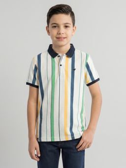 Monte Carlo - Boys Regular Fit Half Sleeve Stripes White Polo T-Shirt