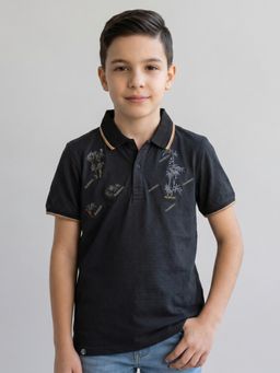 Monte Carlo - Boys Regular Fit Print Half Sleeve Black Polo T-Shirt