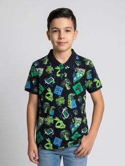 Monte Carlo - Boys Regular Fit Half Sleeve Printed Navy Blue Polo T-Shirt
