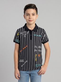 Monte Carlo - Boys Regular Fit Collar Half Sleeve Printed Navy Blue Polo T-Shirt
