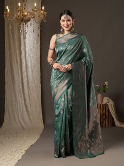 Akhilam - Womens Silk Blend Teal Blue Woven Design Designer Saree with Unstitched Blouse