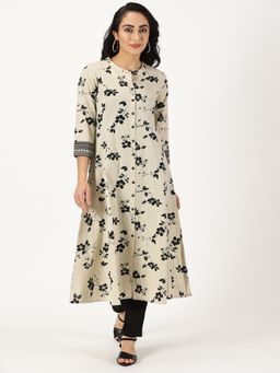 Saffron Threads - Beige Floral Button Down Kurta With Embroidery Border