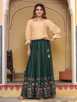 Jaipur Kurti - Women Green Maxi Flared Skirt With Peach And Golden Khadi Print