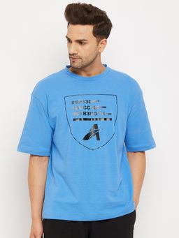 Athlisis - Blue Men Typography Printed Pure Cotton Loose Oversized T-shirt