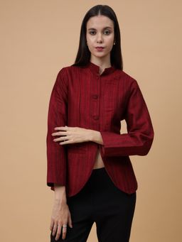 Zamour - Maroon Woven Kullu Stripes Mandarin Collar Jacket