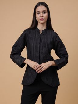 Zamour - Black Woven Kullu Stripes Mandarin Collar Jacket