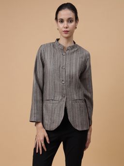 Zamour - Woven Grey Kullu Stripes Mandarin Collar Jacket