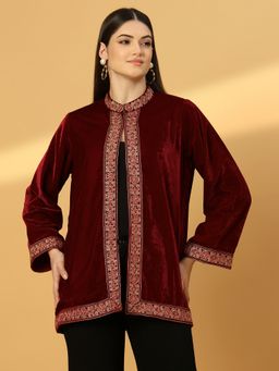Zamour - Maroon Velvet Embroidered Border Cape Shrug