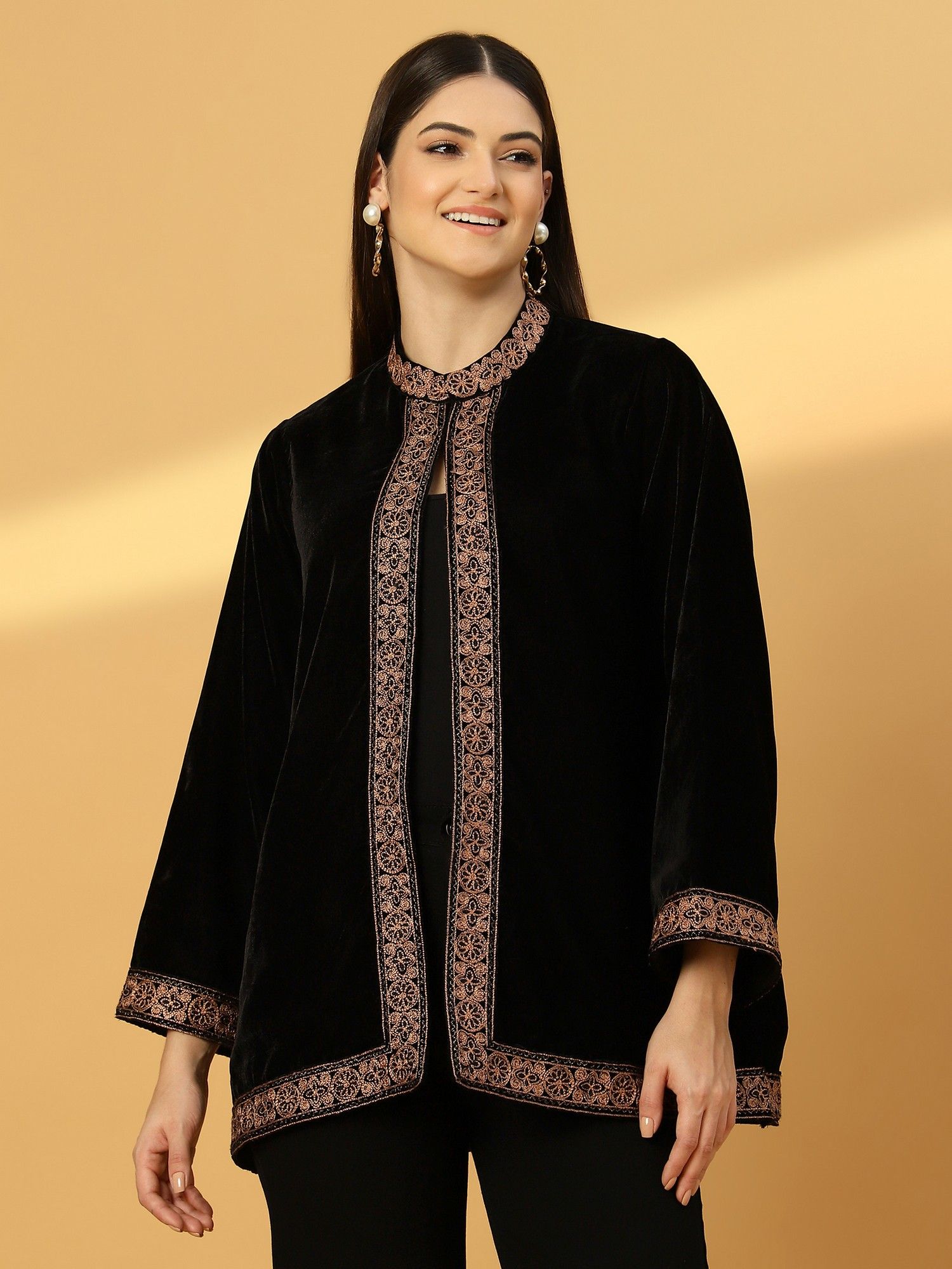 zamour Black Velvet Embroidered Border Cape Shrug-picture-23