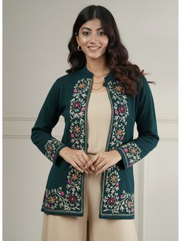 Zamour - Teal Knitted Aari Embroidery Short Shrug