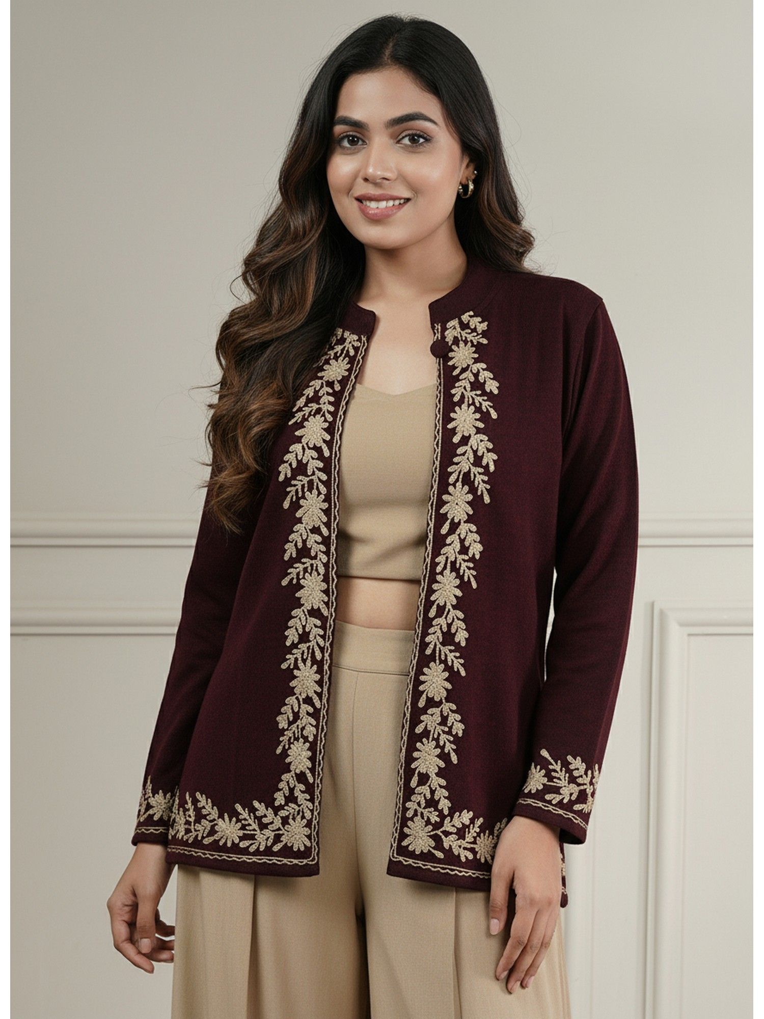 zamour Maroon Knitted Aari Embroidery Short Shrug-picture-12