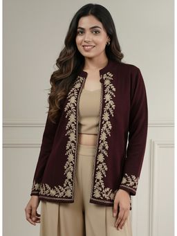 Zamour - Maroon Knitted Aari Embroidery Short Shrug