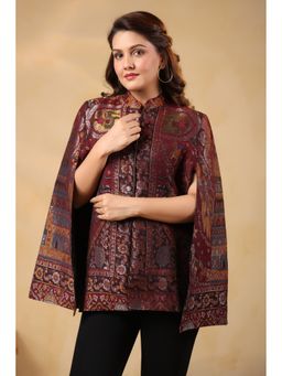 Zamour - Women Wine Woven Zari Darbar Royal Luxury Cape Jacket