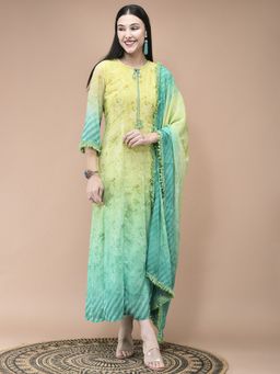Shree - Women Georgette Lemon Yellow Floral Print Dress With Dupatta
