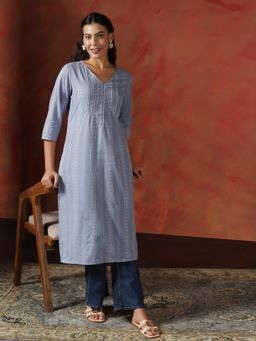 Shree - Women Cotton Blue Yarn Dyed Kurta