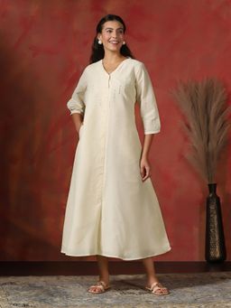 Shree - Women Cotton Off White Embroidered Dress