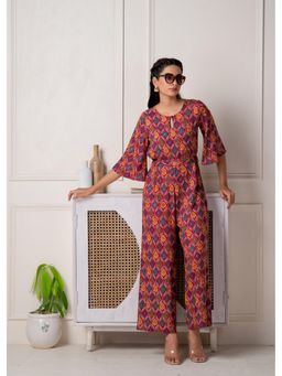 Juniper - Red Floral Printed Viscose Jumpsuit with Belt