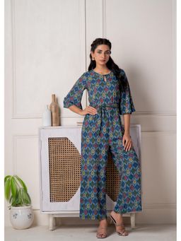 Juniper - Teal Floral Printed Viscose Jumpsuit with Belt