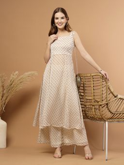 RAASSIO - Cream Women Abstract Printed Flared Kurta with Palazzo