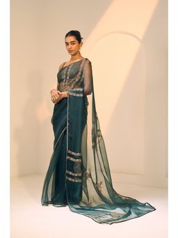 Sarang Kaur - Green Anya Embellished Saree with Unstitched Blouse