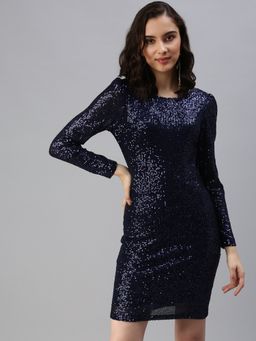 SHOWOFF - Women's Above Knee Embellished Navy Blue Round Neck Bodycon Dress