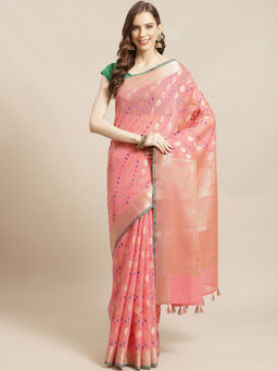 Indethnic - Banarasi Pink Woven Design Festive Wear Saree With Unstitched Blouse